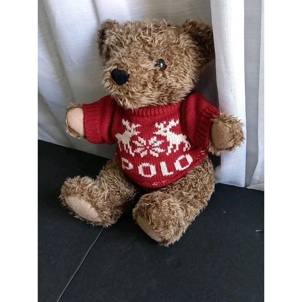 Vintage Polo Ralph Lauren Stuffed Plush Brown Teddy Bear Red Knit Sweater 1998